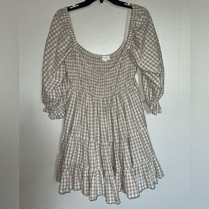 Mable Women’s Dress Checkered Gingham Beige V Neck Balloon Off Shoulder Sleeve